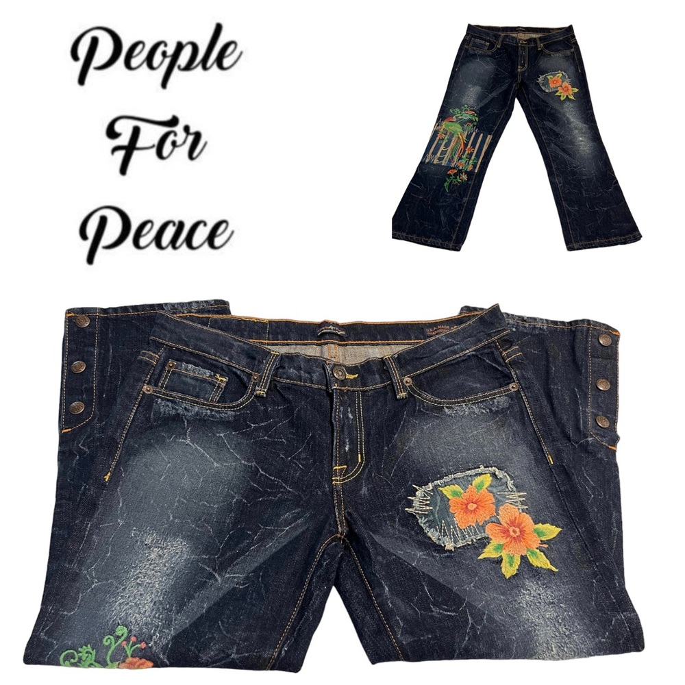 People for Peace Vintage Embroidered Cropped Jeans